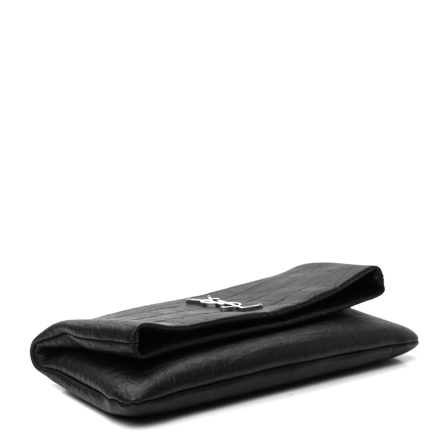 Calfskin Crocodile Embossed West Hollywood Monogram Fold Over Clutch Black