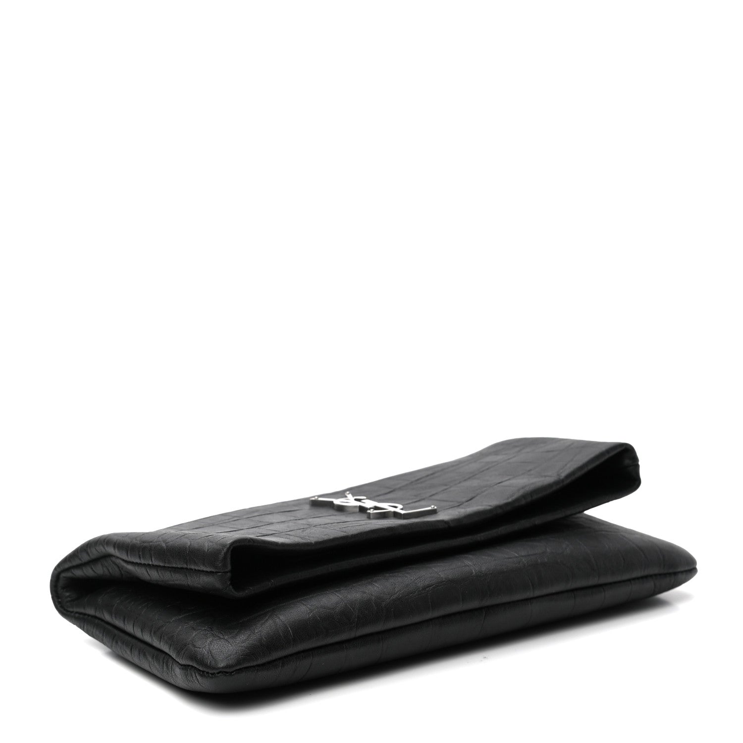 Saint Laurent Calfskin Crocodile Embossed West Hollywood Monogram Fold Over Clutch Black 4 of 7