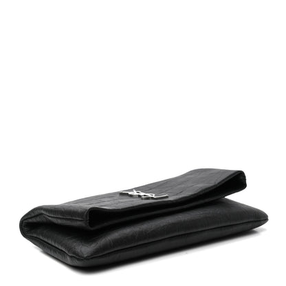 Saint Laurent Calfskin Crocodile Embossed West Hollywood Monogram Fold Over Clutch Black 4 of 7