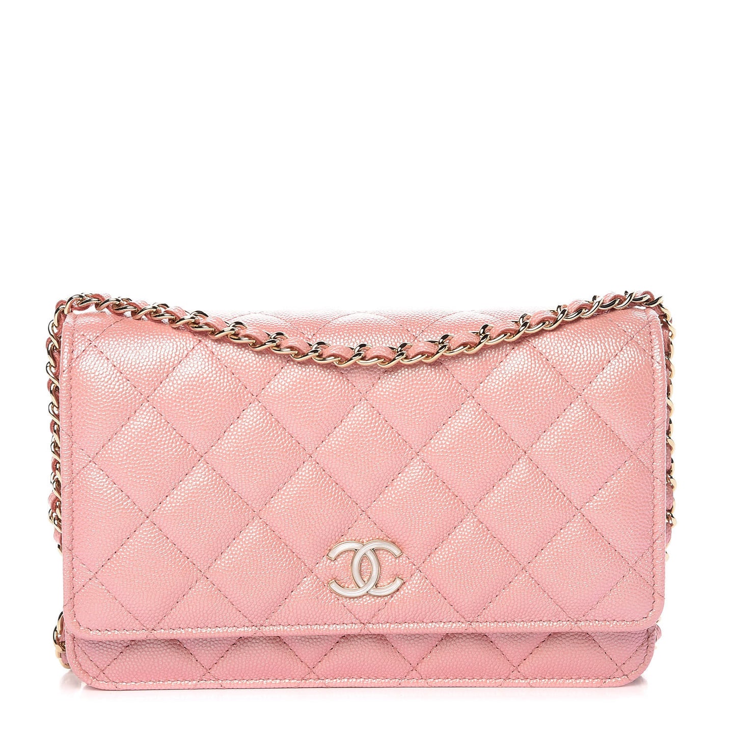 Iridescent Caviar Quilted Wallet on Chain WOC Rose Pink