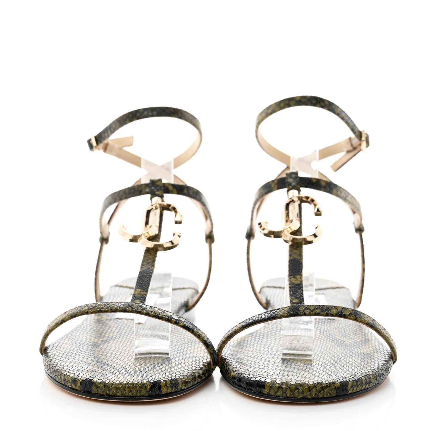 Calfskin Snakeskin Embossed Alodie Flat Sandals 38.5 Dark Olive