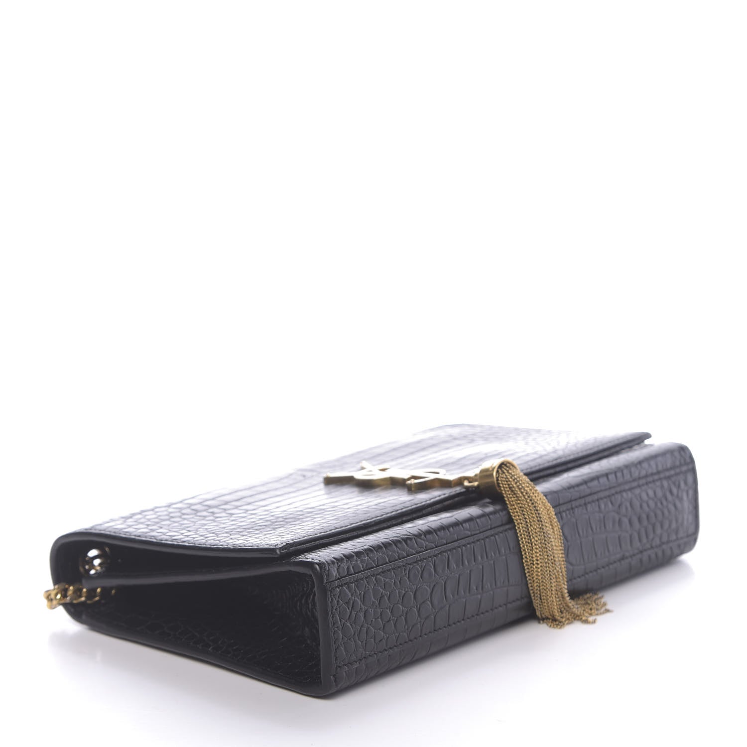 Saint Laurent Calfskin Crocodile Embossed Medium Classic Monogram Kate Tassel Satchel Black 4 of 9