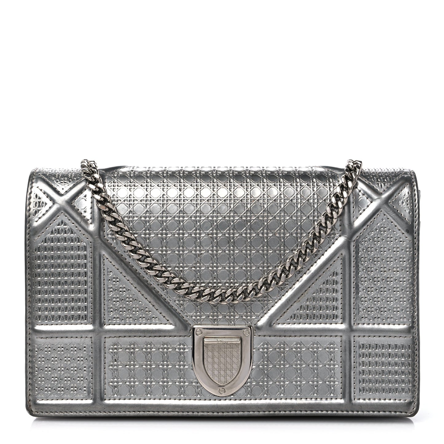 Metallic Patent Micro-Cannage Diorama Wallet on Chain Pouch Silver