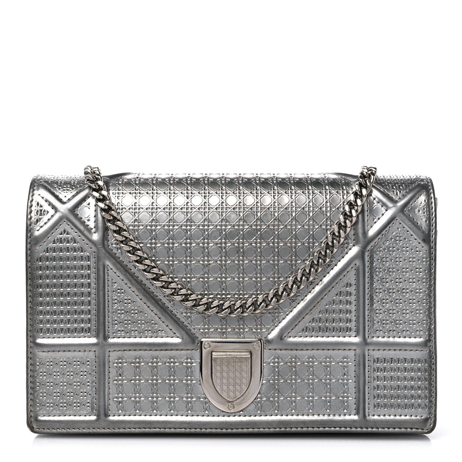 Christian Dior Metallic Patent Micro-Cannage Diorama Wallet on Chain Pouch Silver 1 of 12