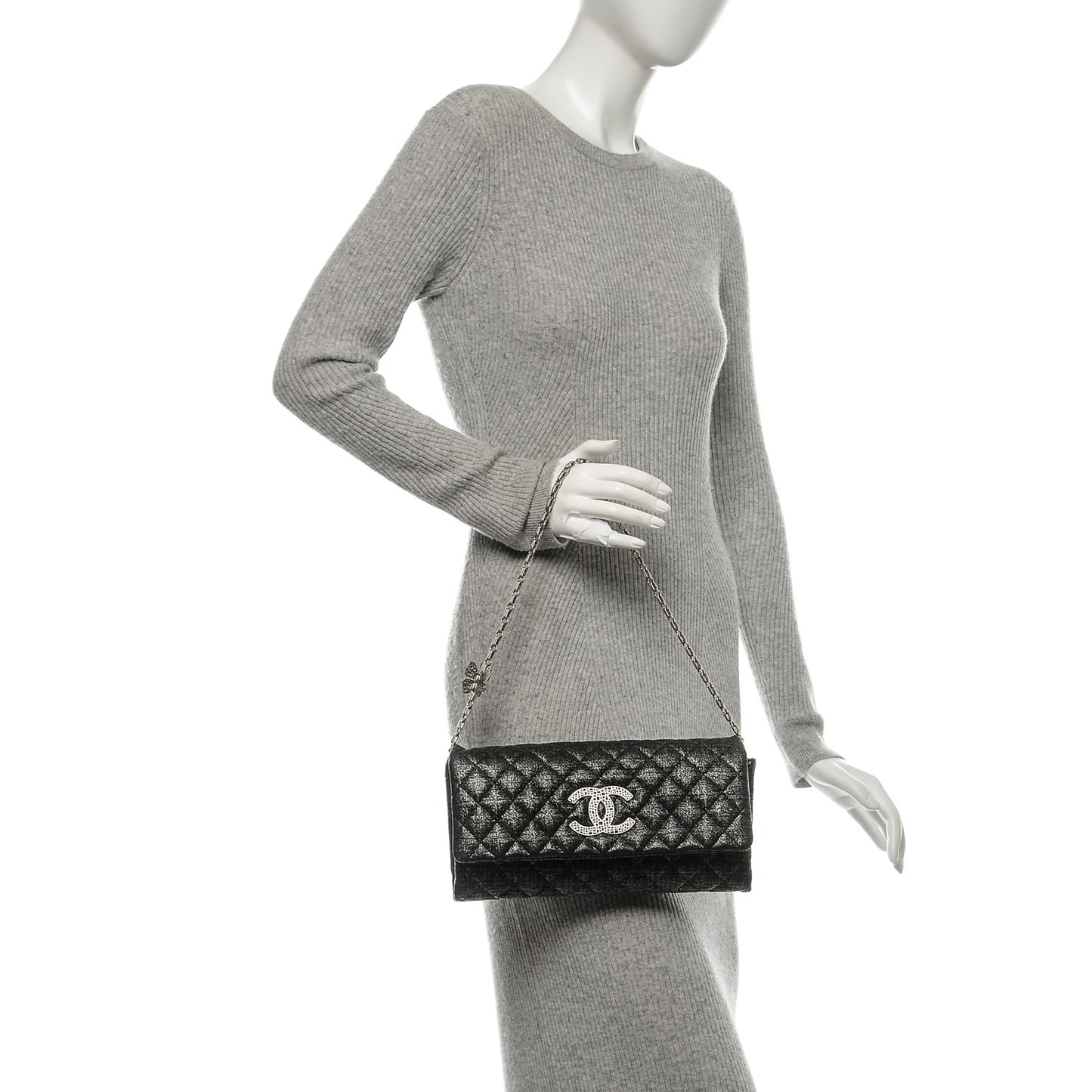 Glitter Fabric Quilted Flap Clutch With Butterfly Chain Black