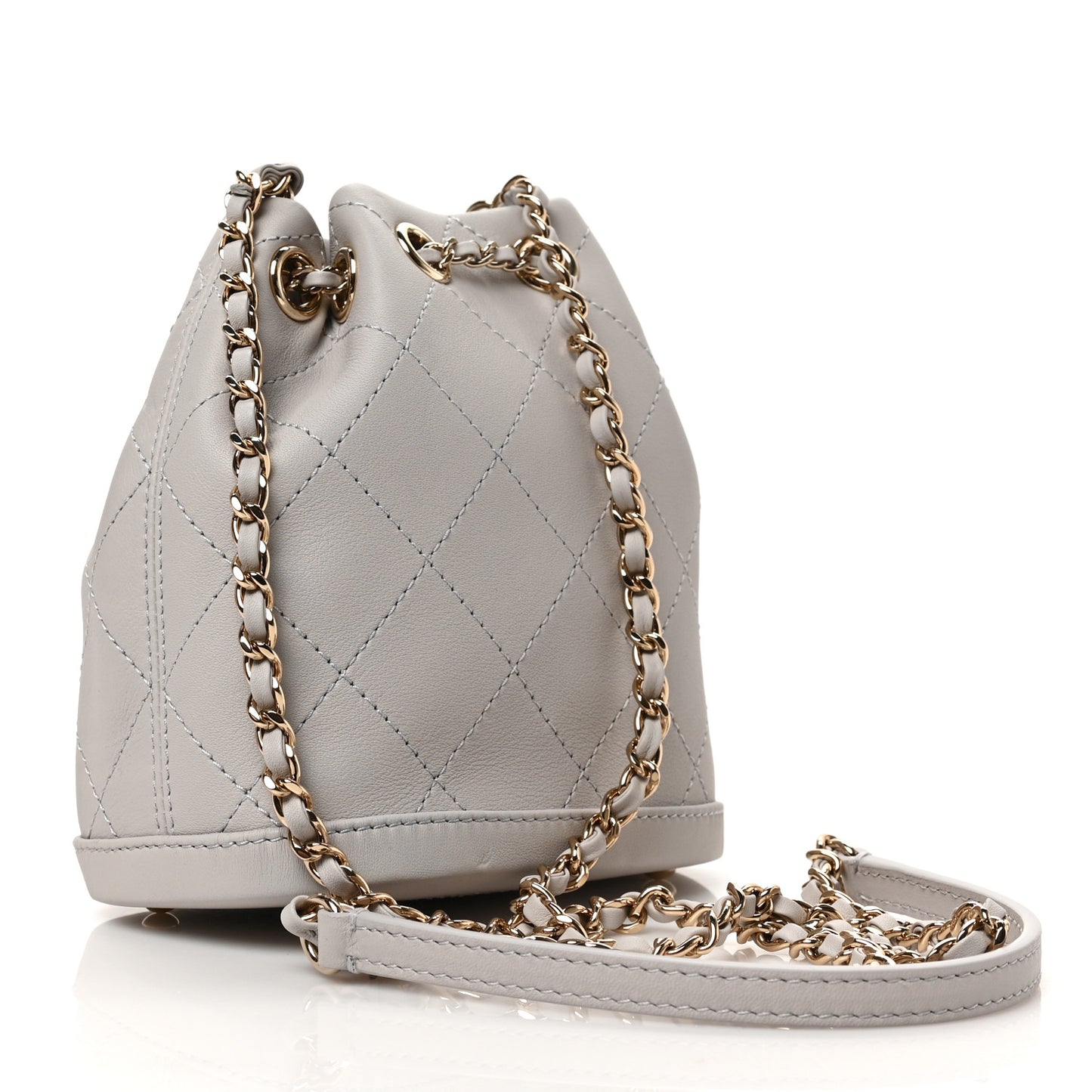 Calfskin Stitched Chain Bucket Bag Light Grey