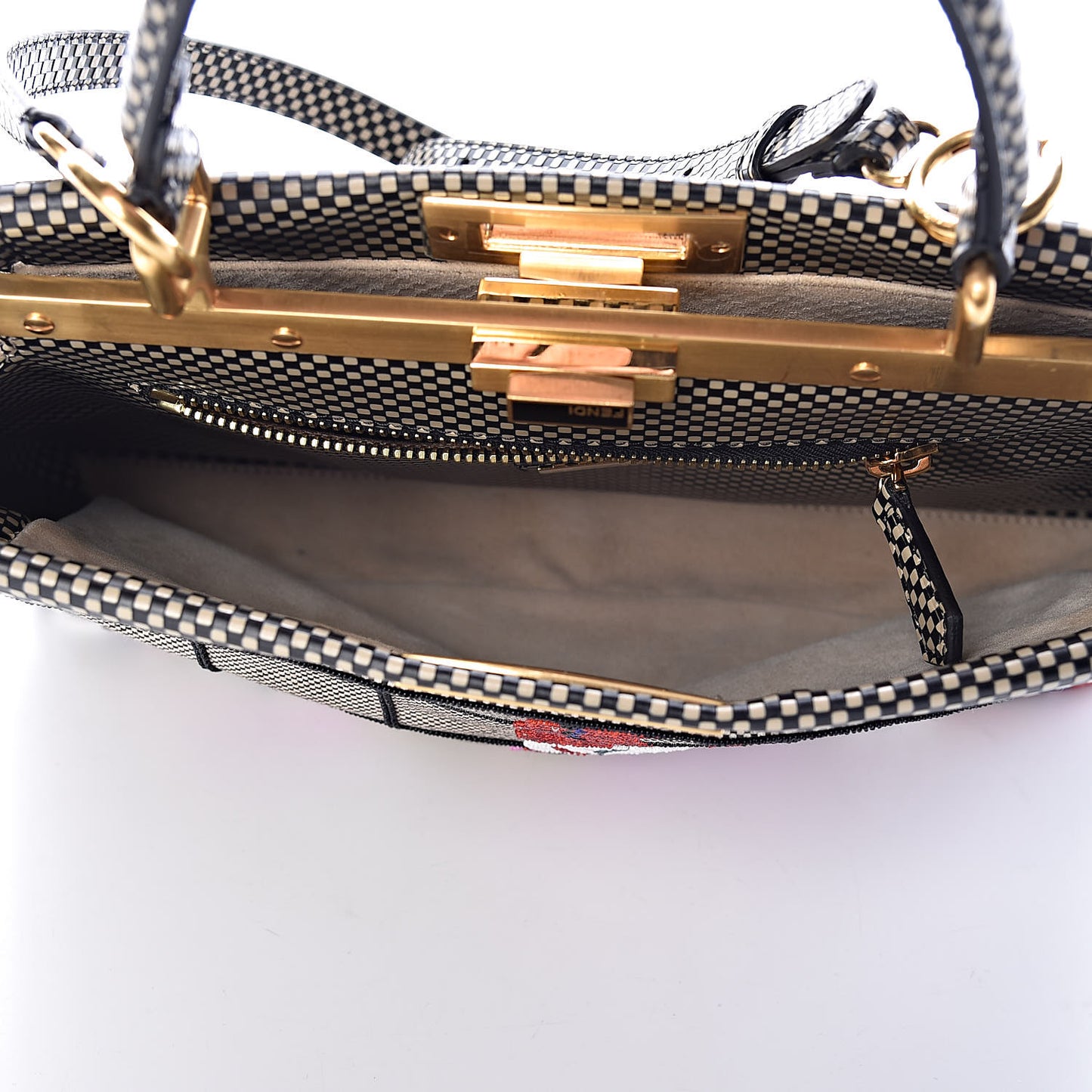 Canvas Calfskin Embroidered Medium Peekaboo Iconic Satchel Black Beige Multicolor