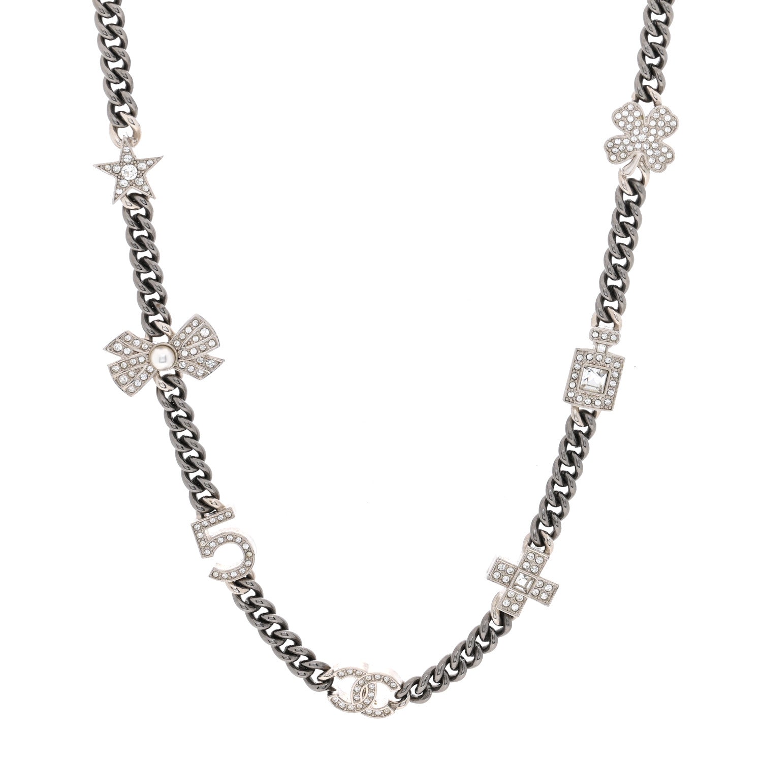 Chanel Ruthenium Crystal Chain CC Lucky Charms Choker Silver 1 of 4