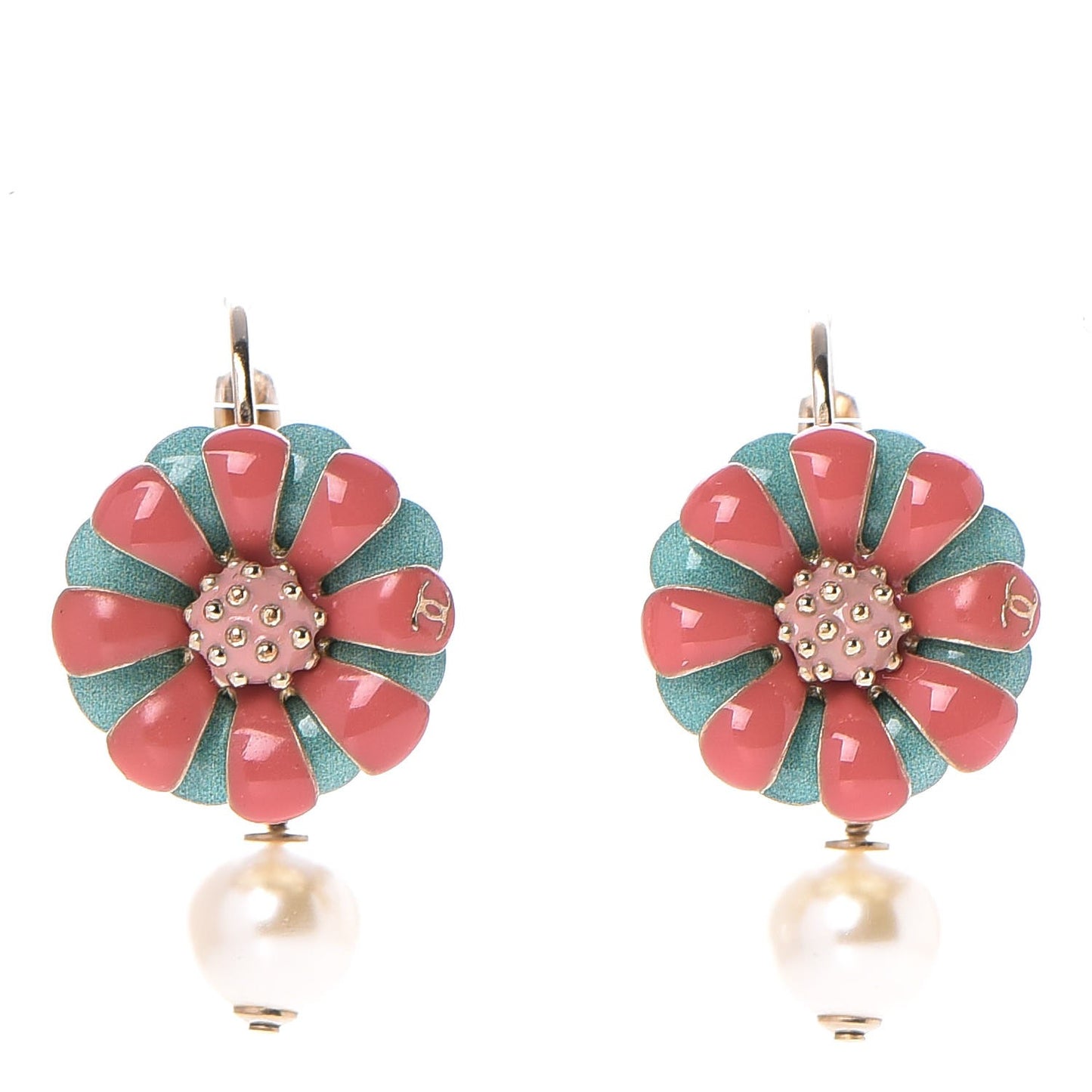Enamel Pearl Flower Drop Earrings Light Gold