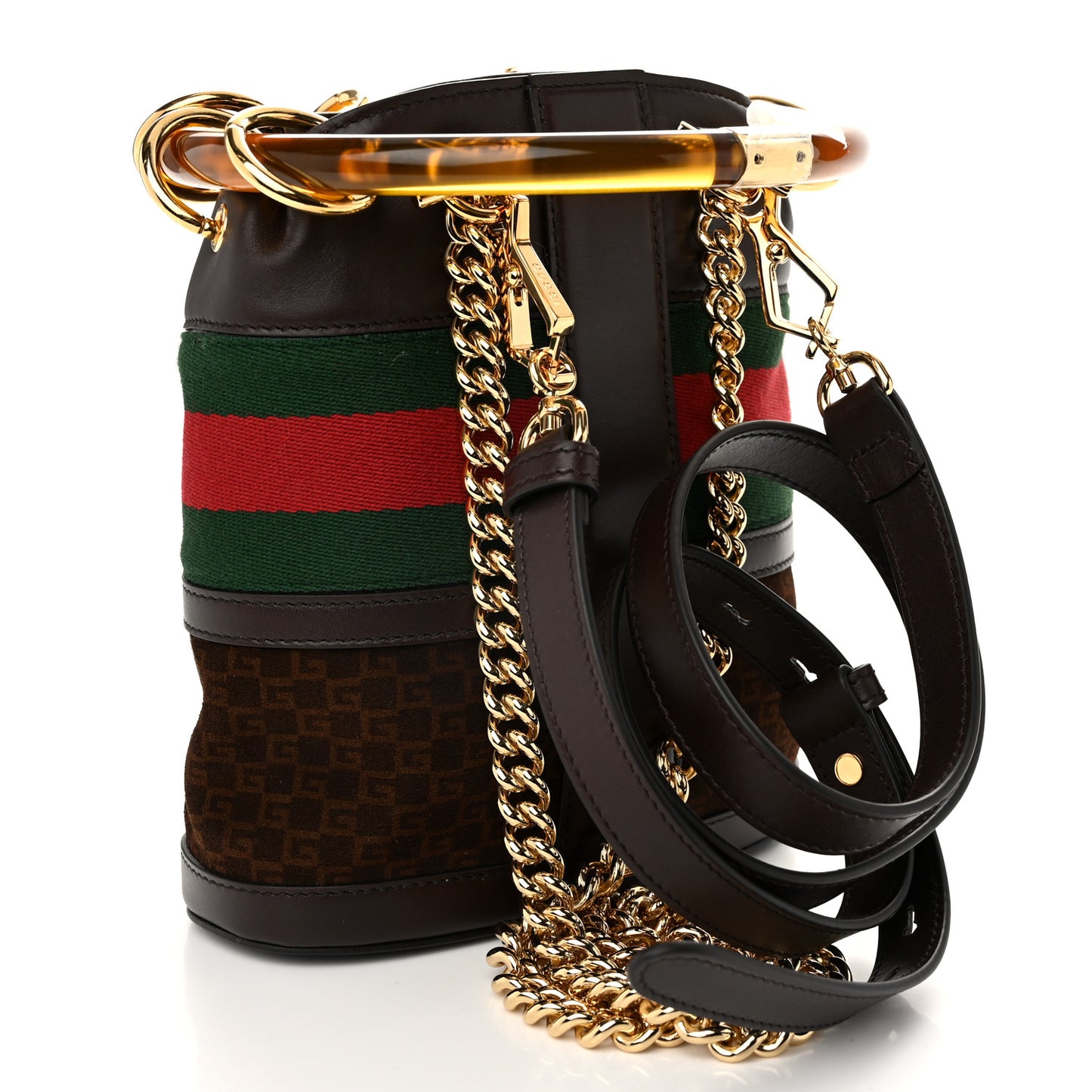 Suede Calfskin Web G Logo Bucket Bag Dark Brown