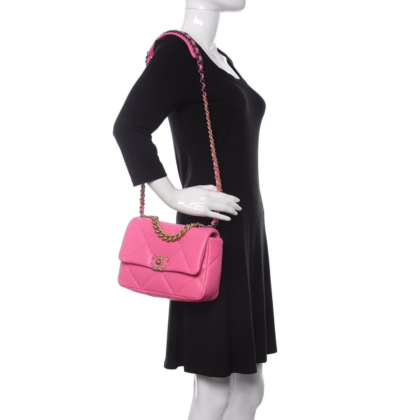 Shiny Lambskin Quilted Medium Chanel 19 Flap Neon Pink