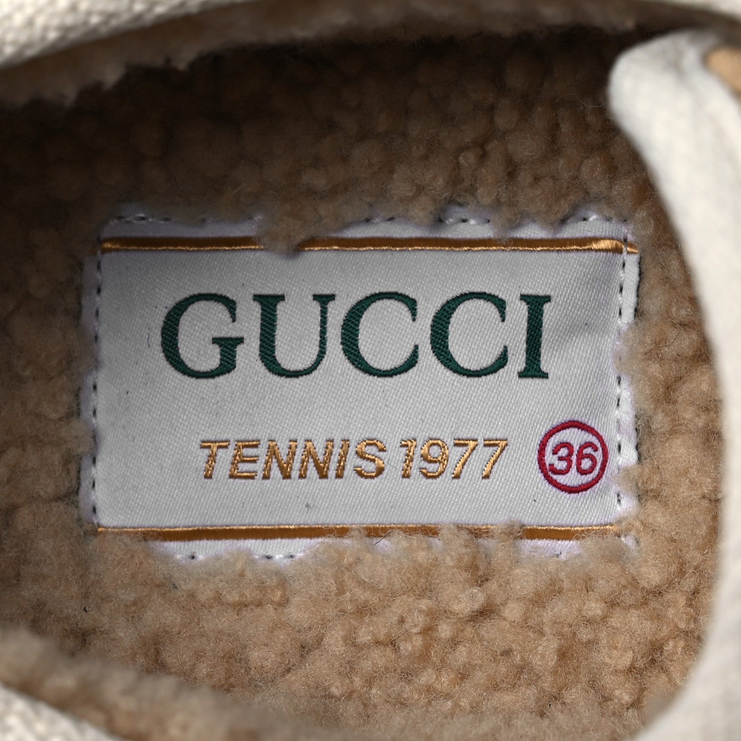Gucci Suede Shearling Web GG Monogram Embossed Womens 1977 Tennis High Top Sneakers 36 Butterscotch Mystic White 9 of 11