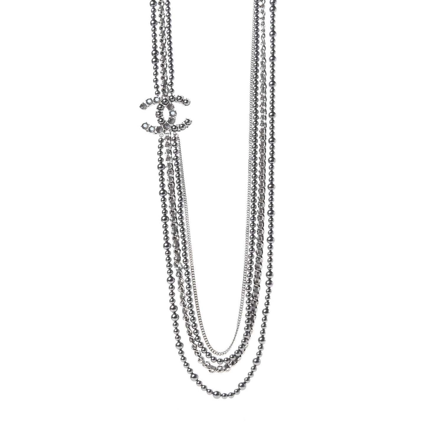 Crystal Pearl Lambskin CC Multi Strand Necklace Grey Silver