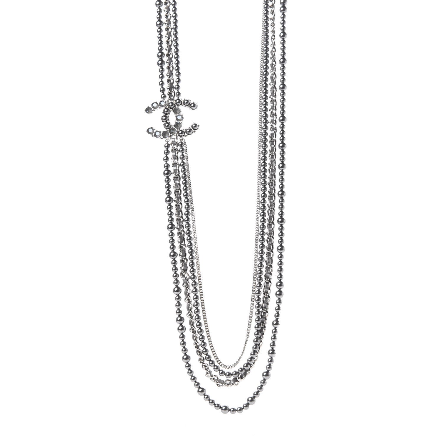 Chanel Crystal Pearl Lambskin CC Multi Strand Necklace Grey Silver 1 of 5