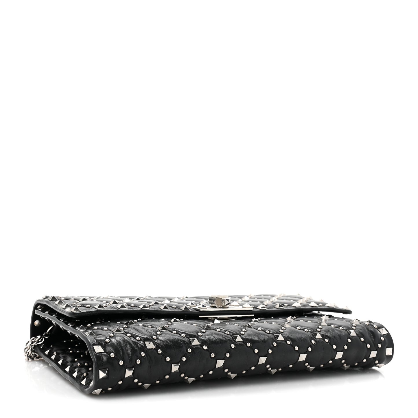 Craquele Nappa Beaded Rockstud Spike Wallet on Chain Black
