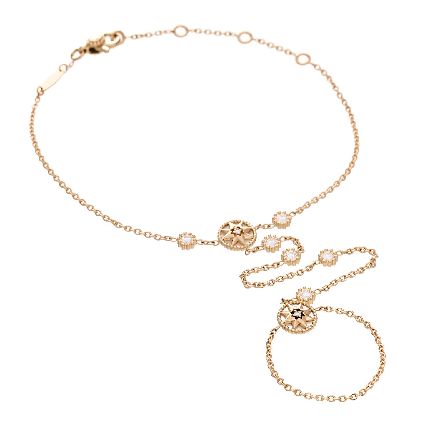 18K Yellow Gold Diamond Mother of Pearl Rose Des Vents Hand Jewel Bracelet