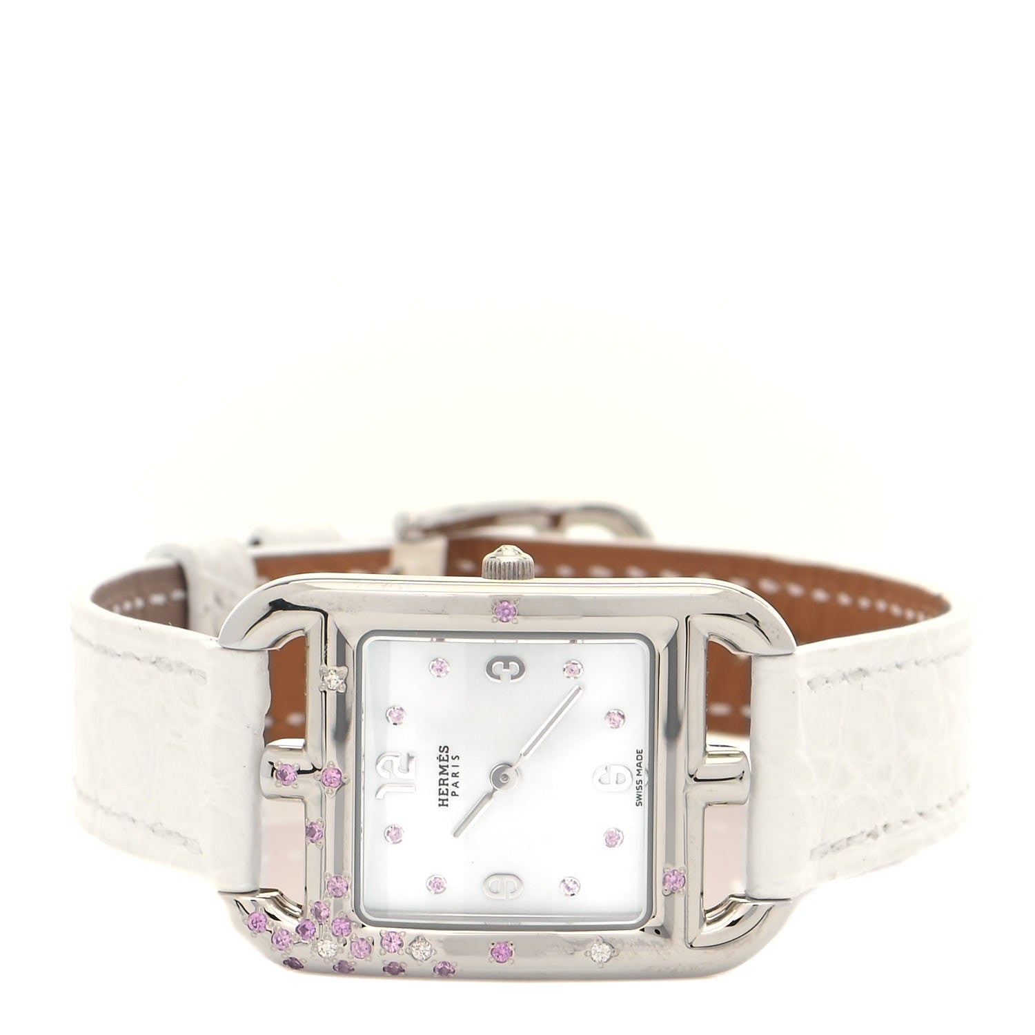 Hermes Stainless Steel Alligator Diamond Pink Sapphire Mother of Pearl 23mm Cape Cod Quartz Watch Blanc 2 of 5