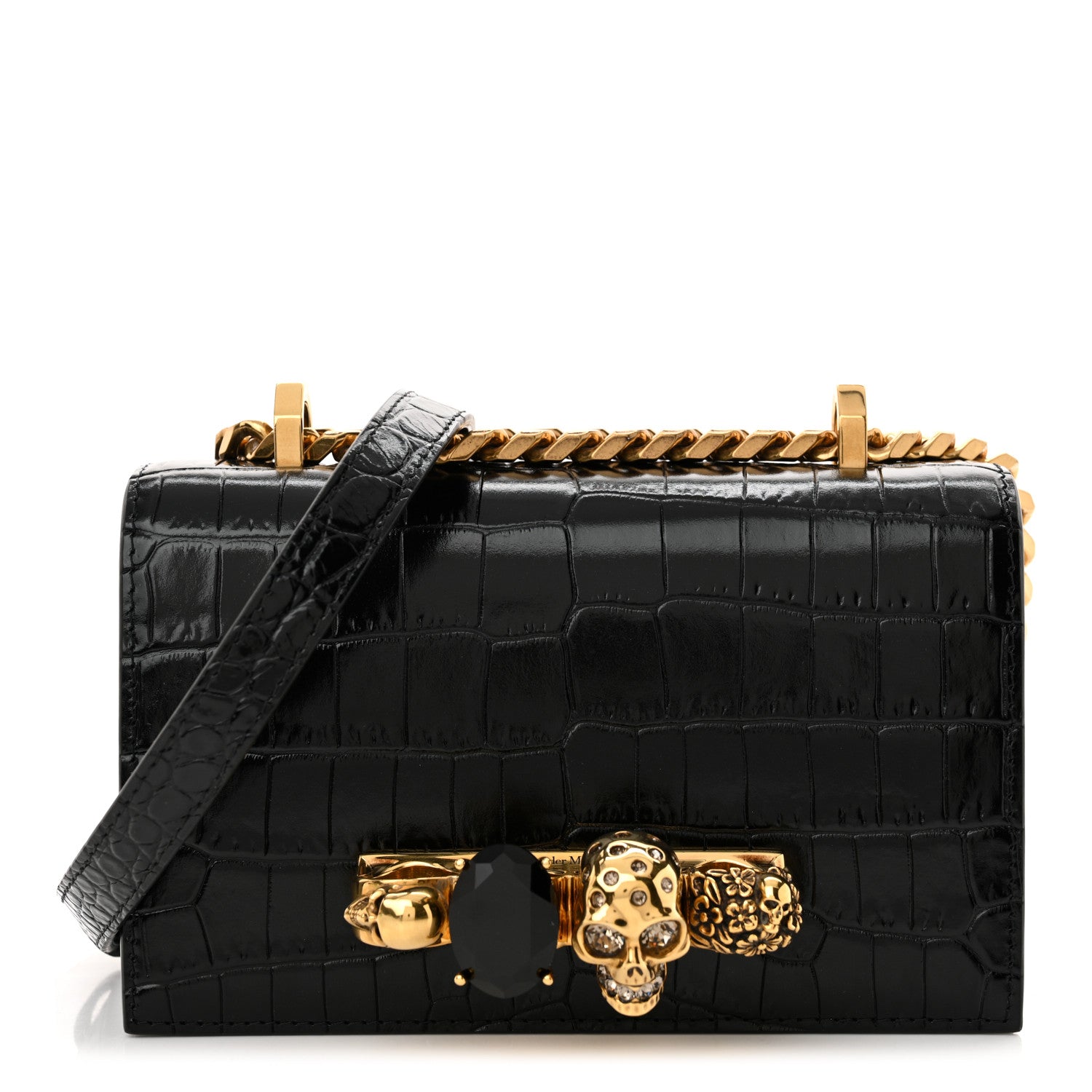 Alexander McQueen Shiny Crocodile Embossed Jeweled Satchel Black 1 of 11