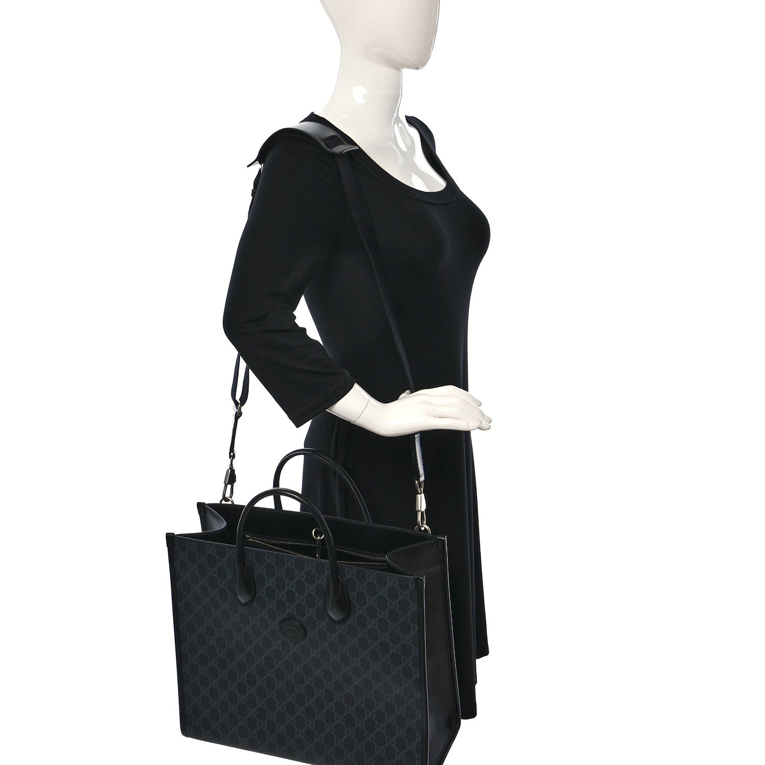 Gucci GG Supreme Monogram Azalea Calfskin Web Medium Retro Interlocking G Tote Bag Black 2 of 9