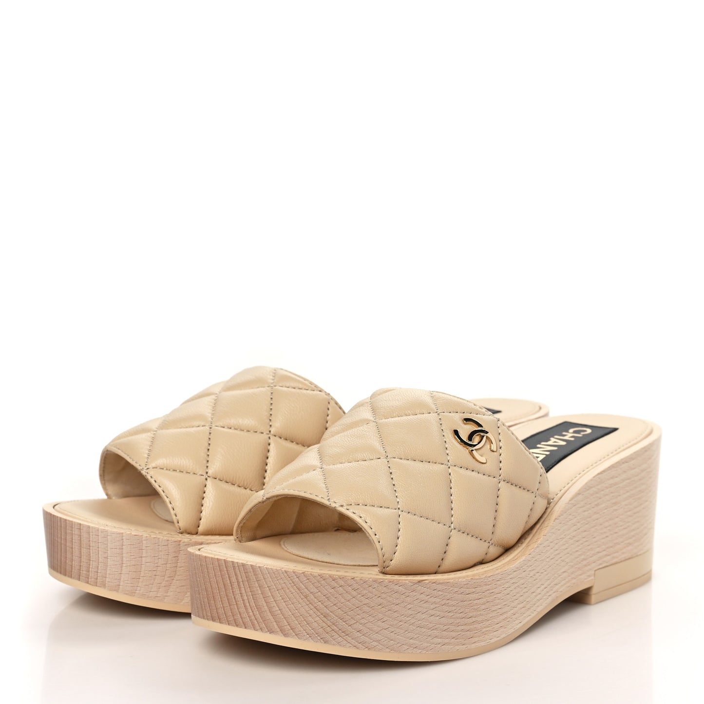 Lambskin Quilted CC Slip On Platform Sandals 39 Beige