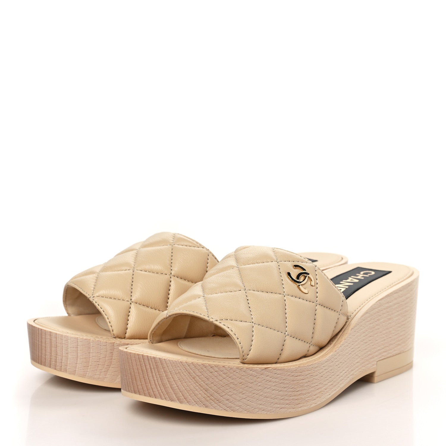 Chanel Lambskin Quilted CC Slip On Platform Sandals 39 Beige 3 of 8