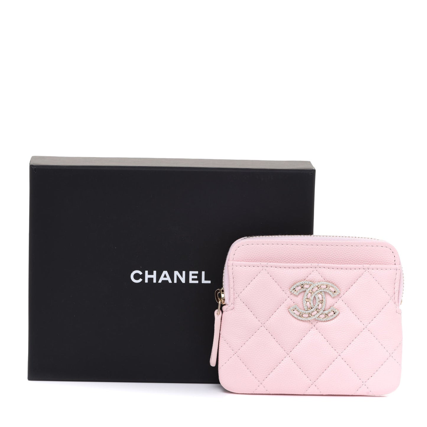 Caviar Quilted Crystal Zip Card Holder Wallet Light Pink