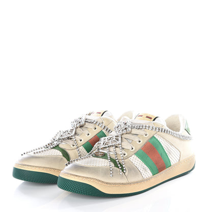 Gucci Nubuck Calfskin Web Removable Crystals Mens Screener Sneakers 8 Dusty Milk New Mystic White 3 of 12