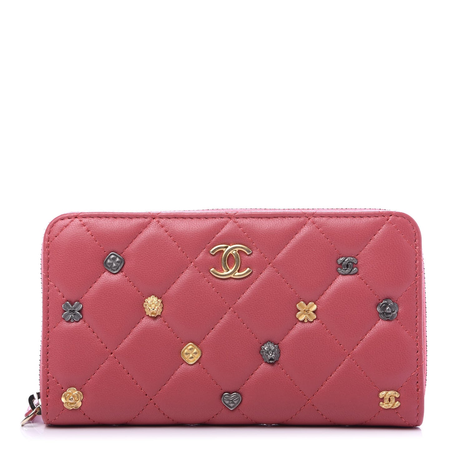 Lambskin Quilted Small Lucky Charms Zip Around Wallet Pink