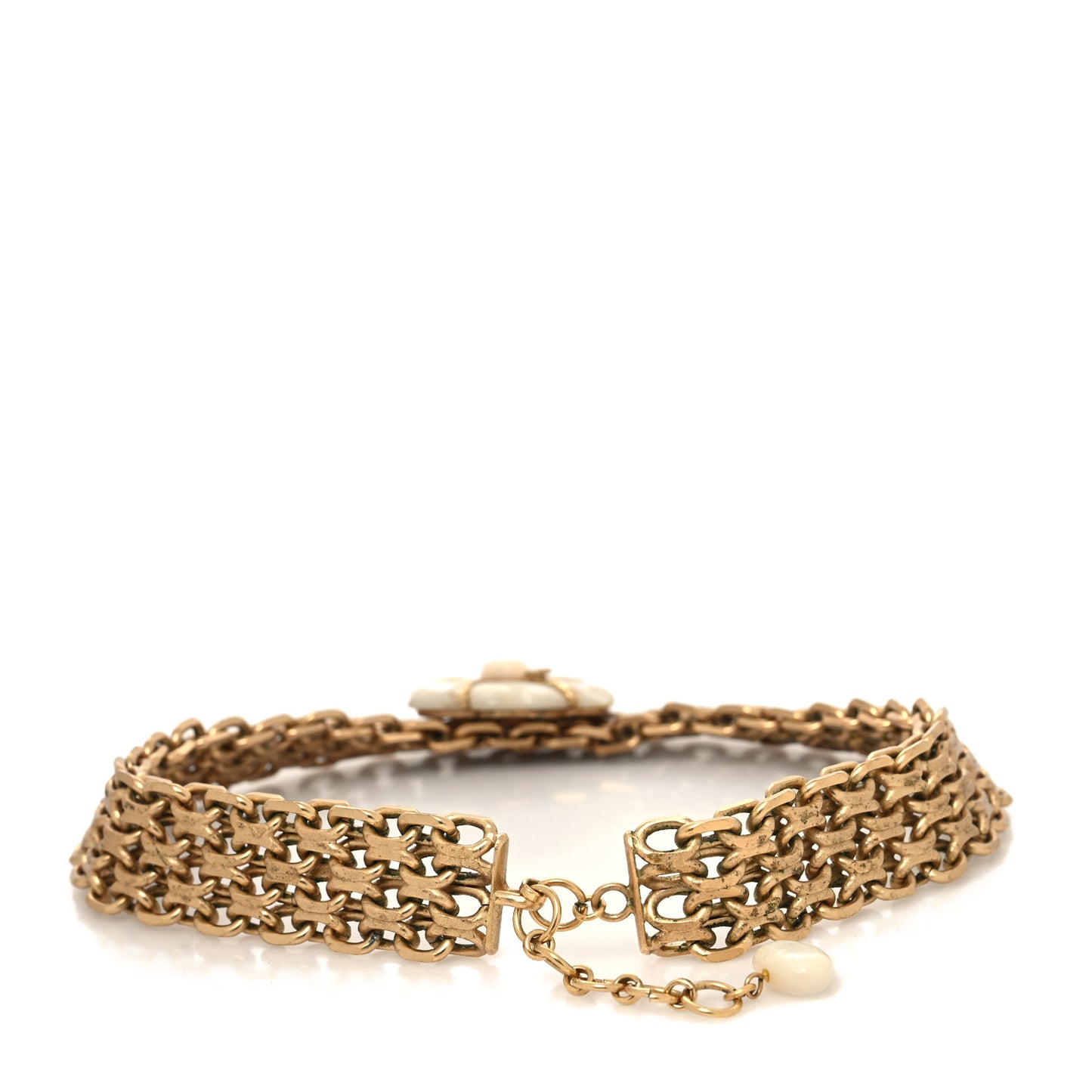 Metal Chain Mother of Pearl CC Camellia Choker Necklace Gold