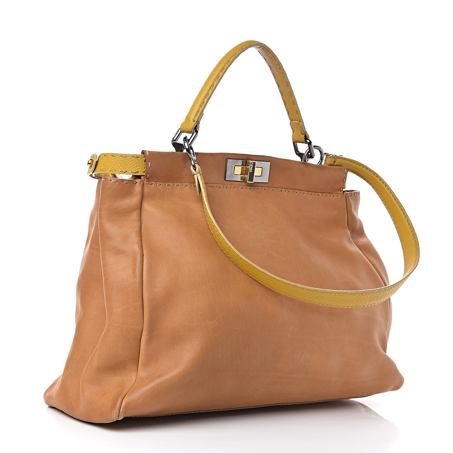 Fendi Vitello Saddle Cuoio Romano Selleria Large Peekaboo Iconic Satchel Saddle Ocra Moro 3 of 13