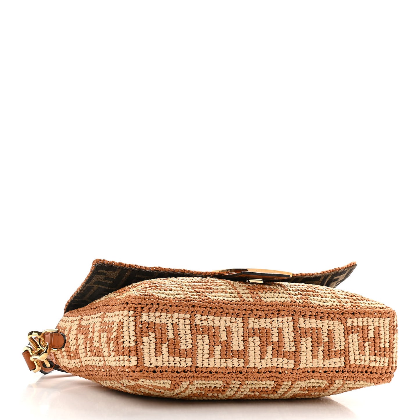 Raffia Vitello Seta FF Woven Large Baguette Brick Natural