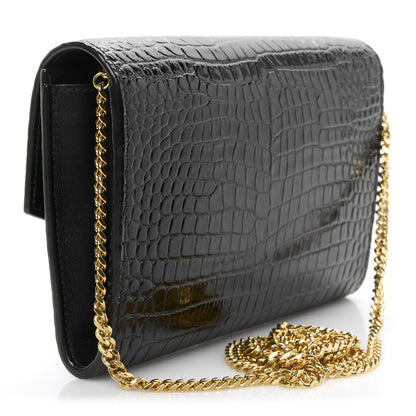 Saint Laurent Calfskin Crocodile Embossed Monogram Uptown Chain Wallet Black 4 of 12