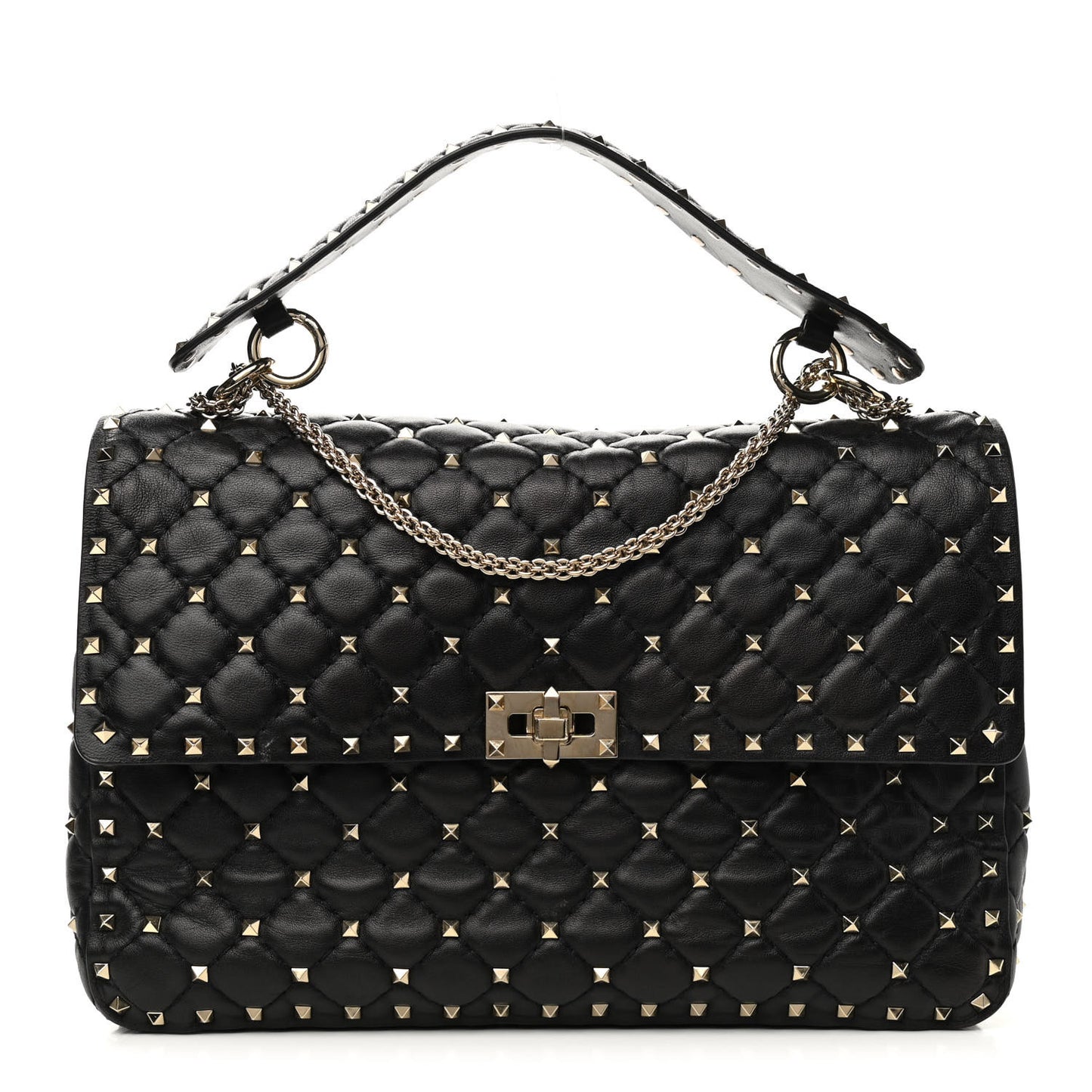Lambskin Large Rockstud Spike Shoulder Bag Black