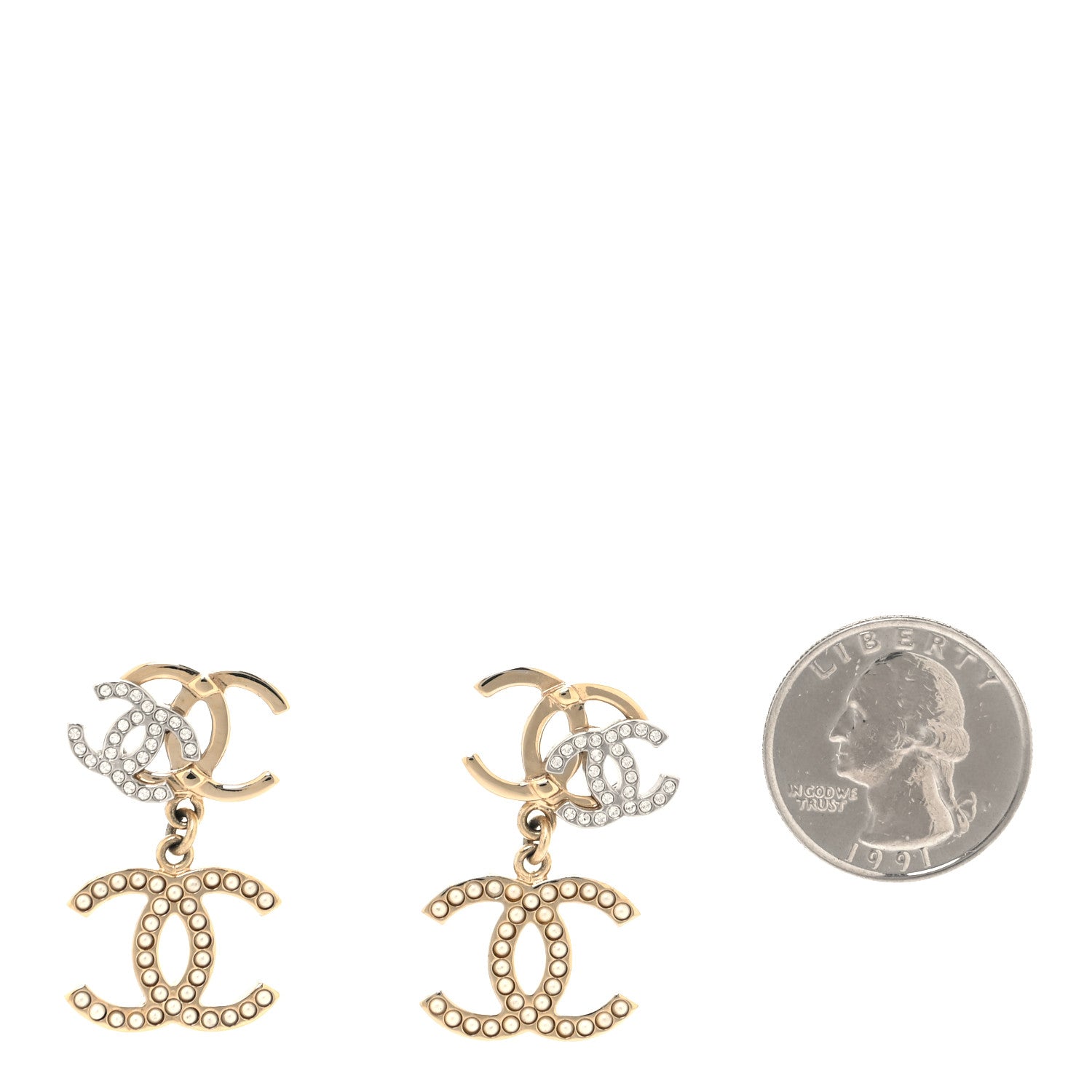 Chanel Crystal Pearl Double CC Drop Earrings Gold Silver 2 of 4