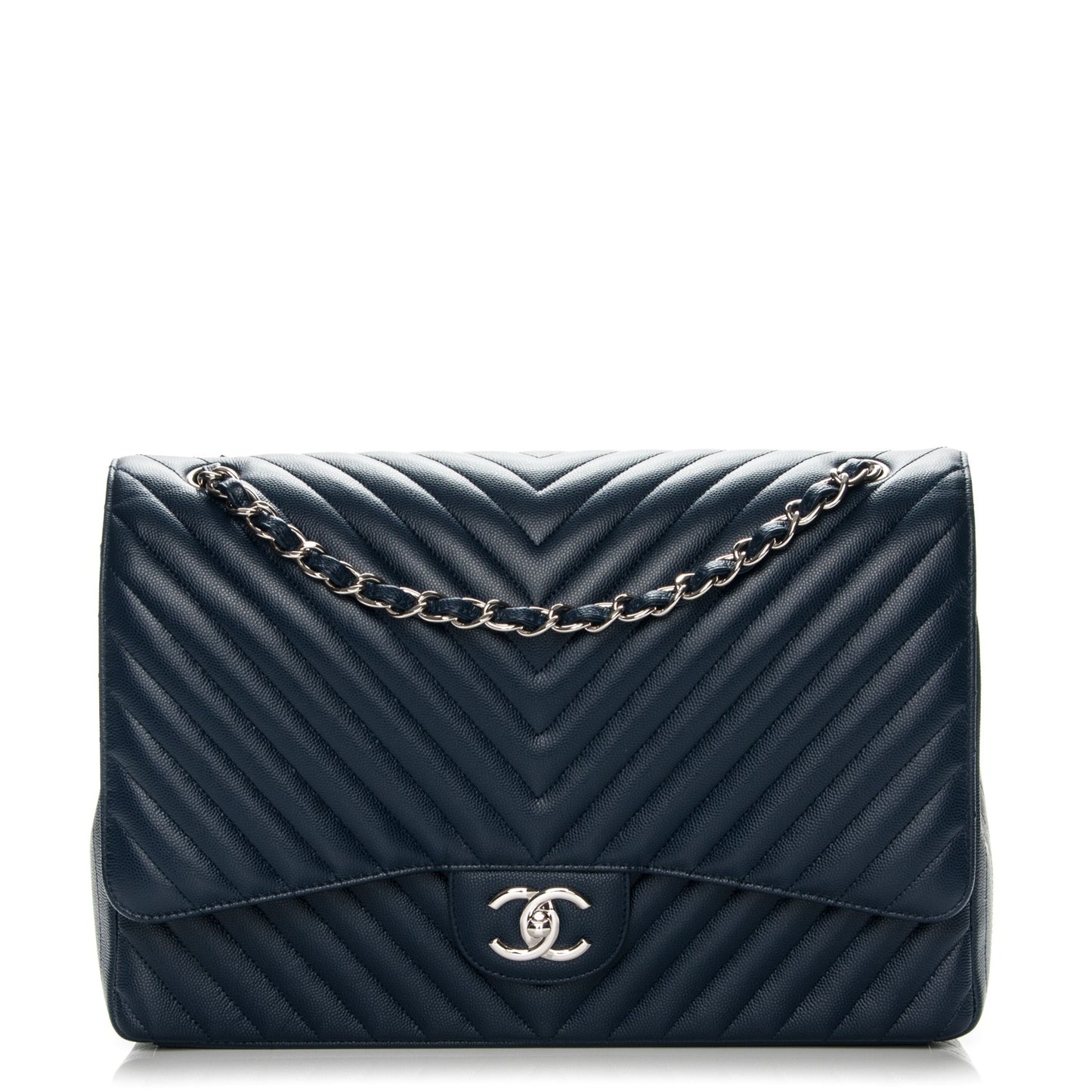 Caviar Chevron Quilted Maxi Double Flap Navy Blue