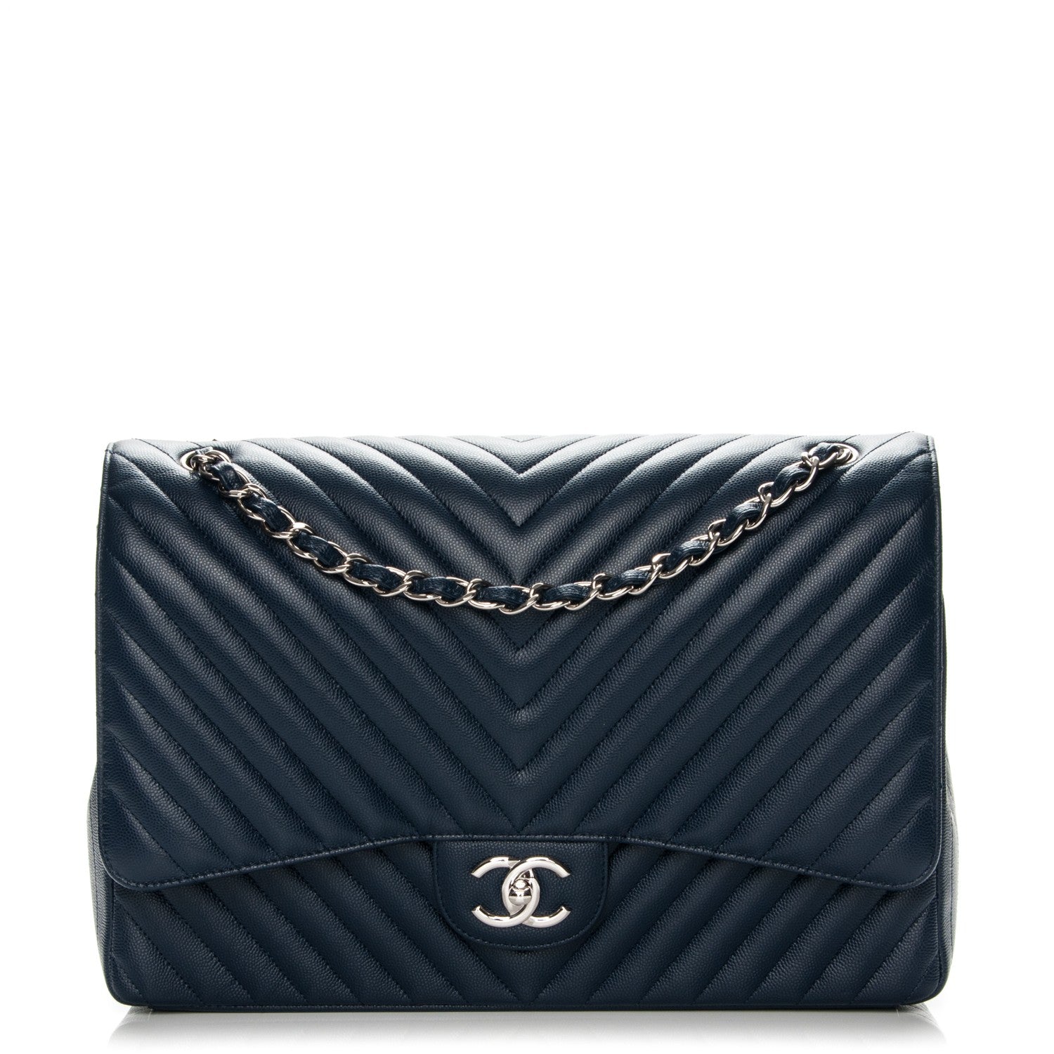 Chanel Caviar Chevron Quilted Maxi Double Flap Navy Blue 1 of 8