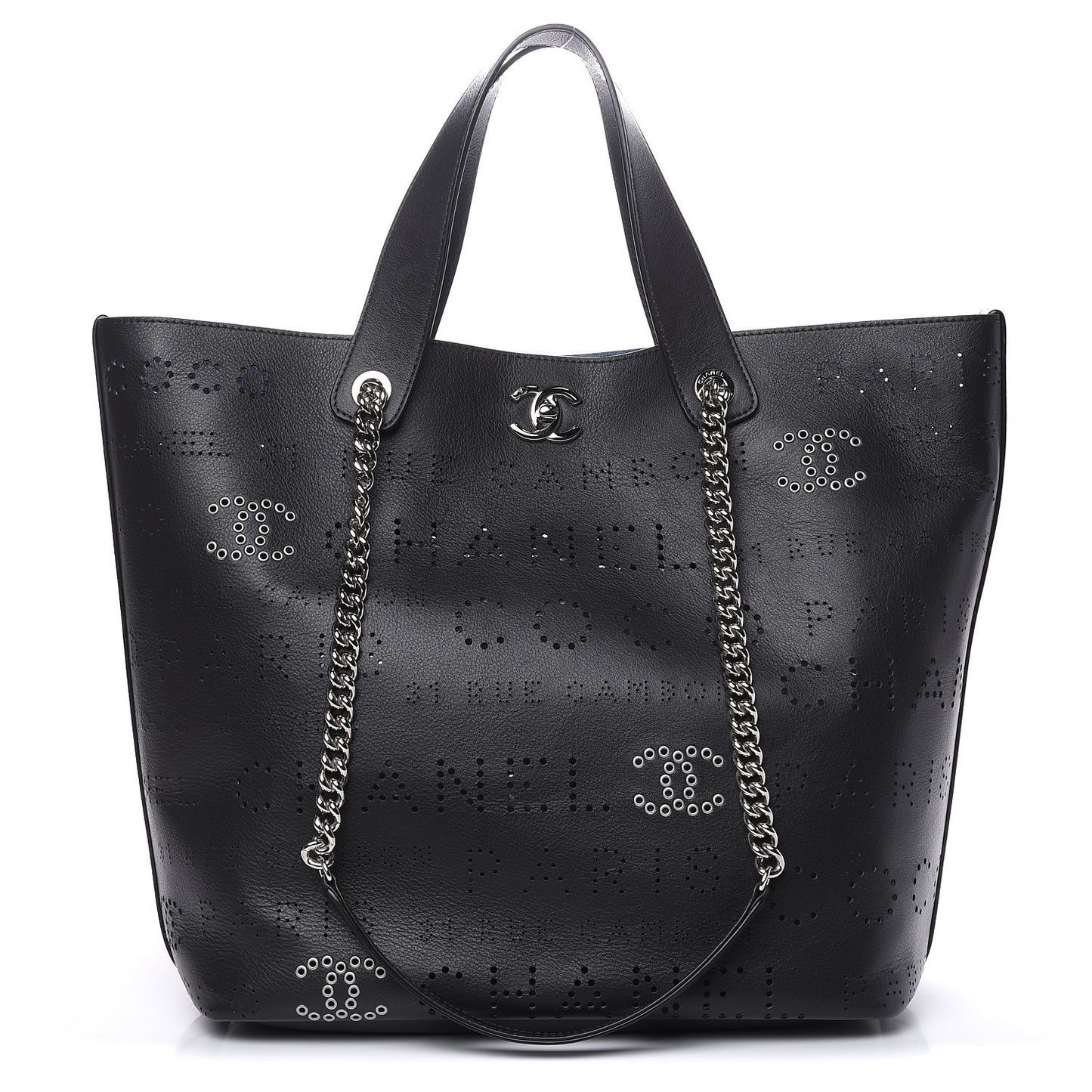 Calfskin Tweed Small Logo Eyelets Shopping Tote Black
