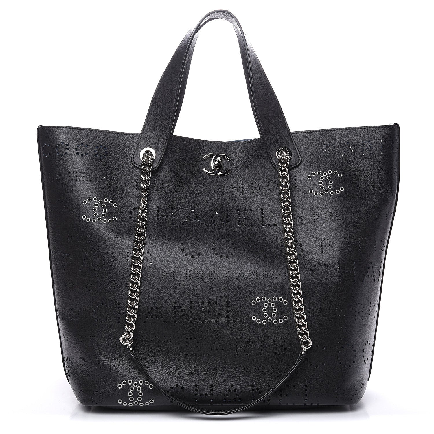 Chanel Calfskin Tweed Small Logo Eyelets Shopping Tote Black 1 of 12