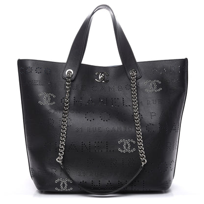 Chanel Calfskin Tweed Small Logo Eyelets Shopping Tote Black 1 of 12
