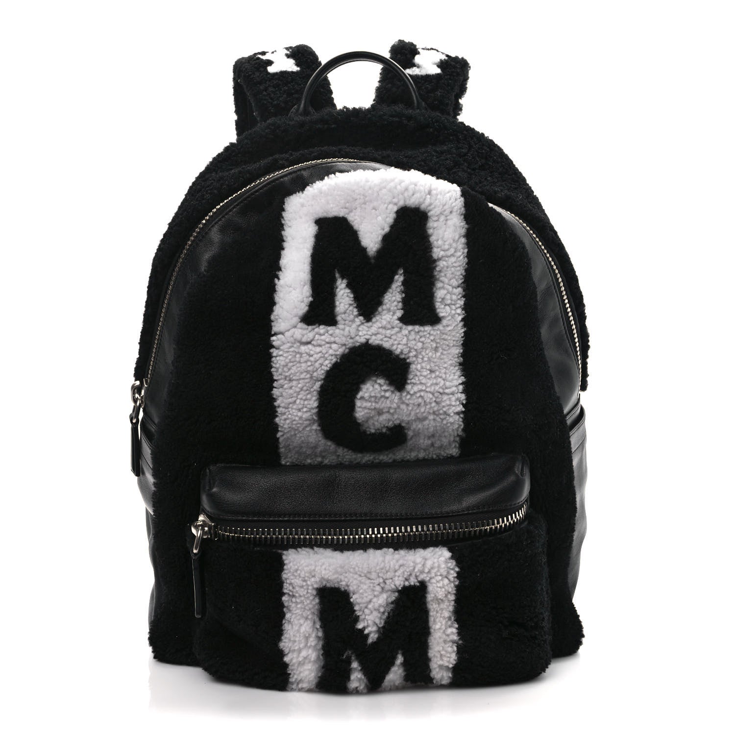 MCM Shearling Stripe Logo Stark Backpack Black White 1 of 9