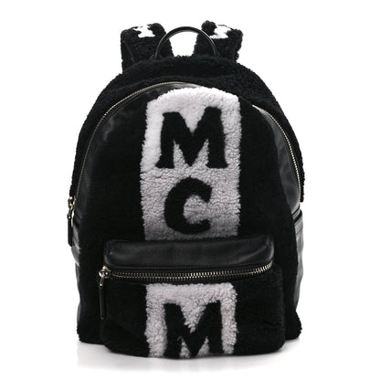 MCM Shearling Stripe Logo Stark Backpack Black White 1 of 9
