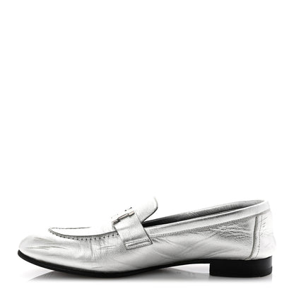 Hermes Metallic Calfskin Womens Paris Loafers 37 Silver 1 of 10