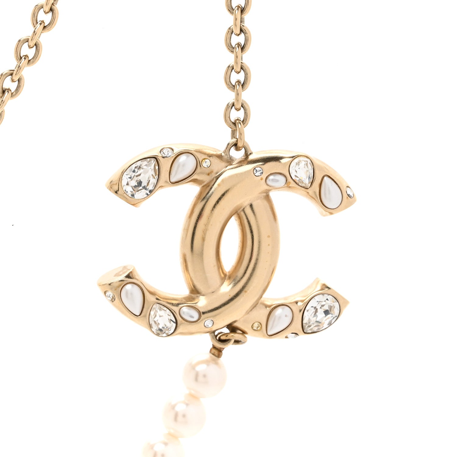 Chanel Metal Pearl Crystal Chain CC Long Necklace Gold 4 of 5