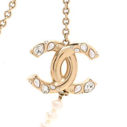 Chanel Metal Pearl Crystal Chain CC Long Necklace Gold 4 of 5