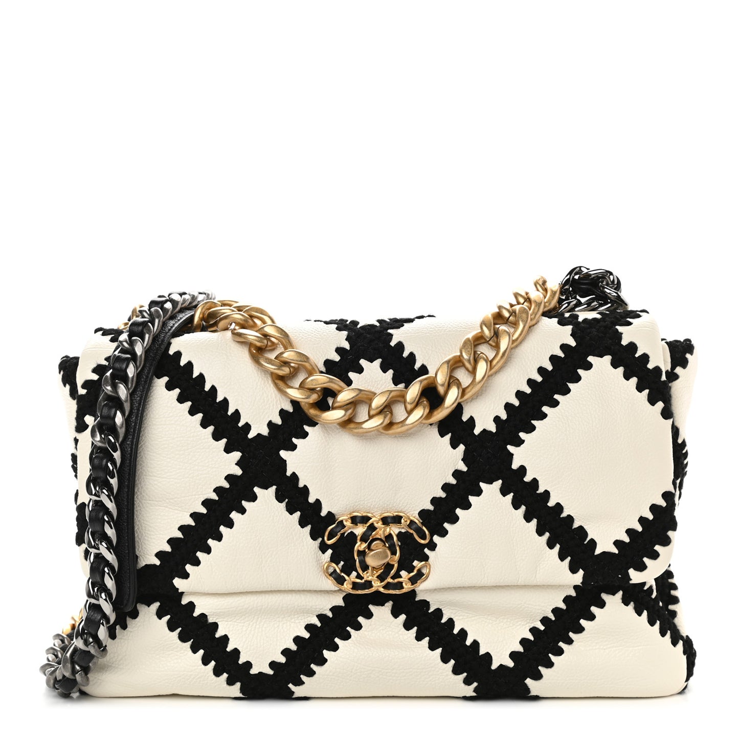 Calfskin Crochet Large Chanel 19 Flap White Black