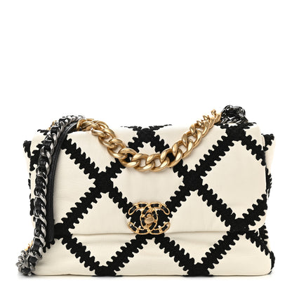 Chanel Calfskin Crochet Large Chanel 19 Flap White Black 1 of 9
