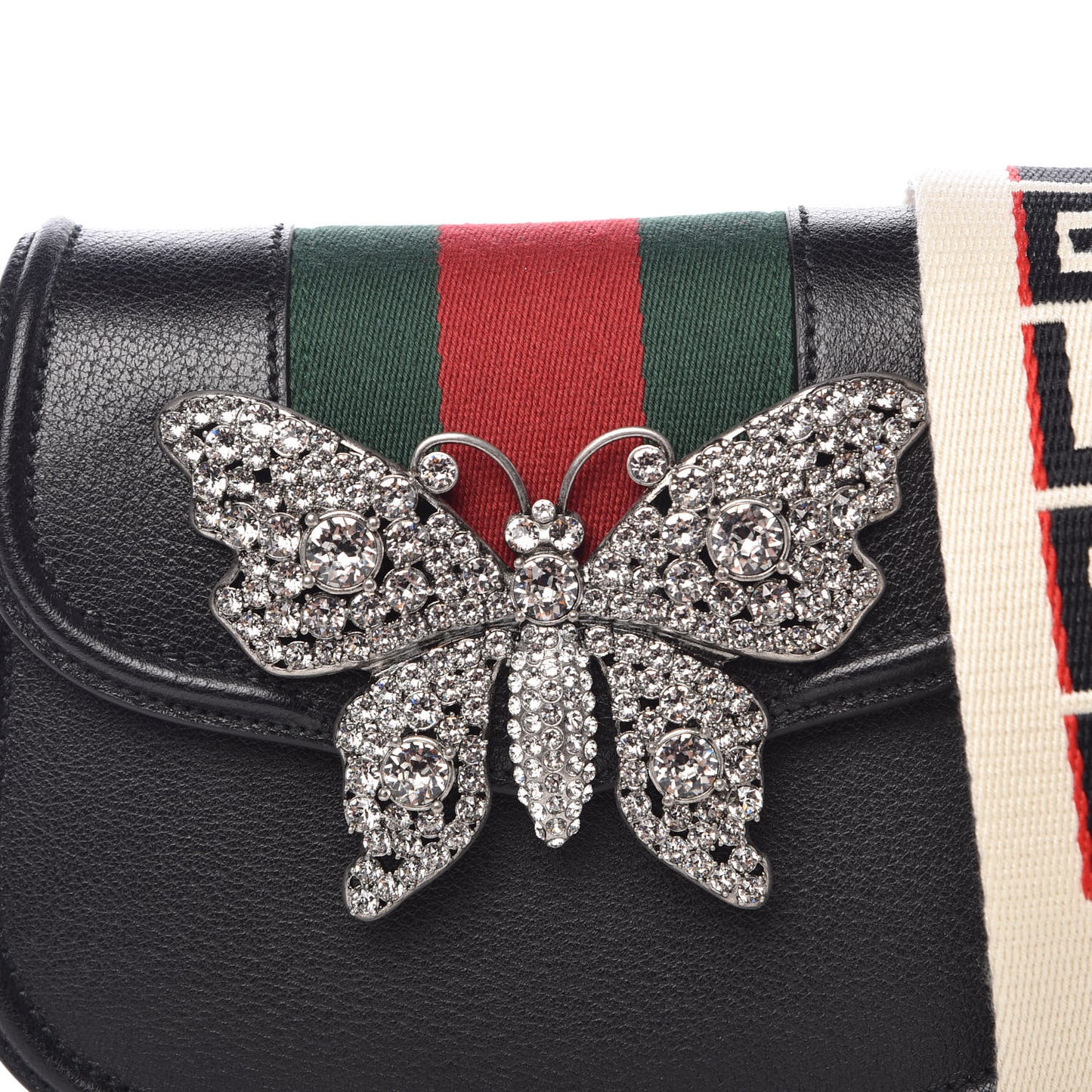 Calfskin Web Crystal Butterfly Stripe Small Totem Shoulder Bag Black