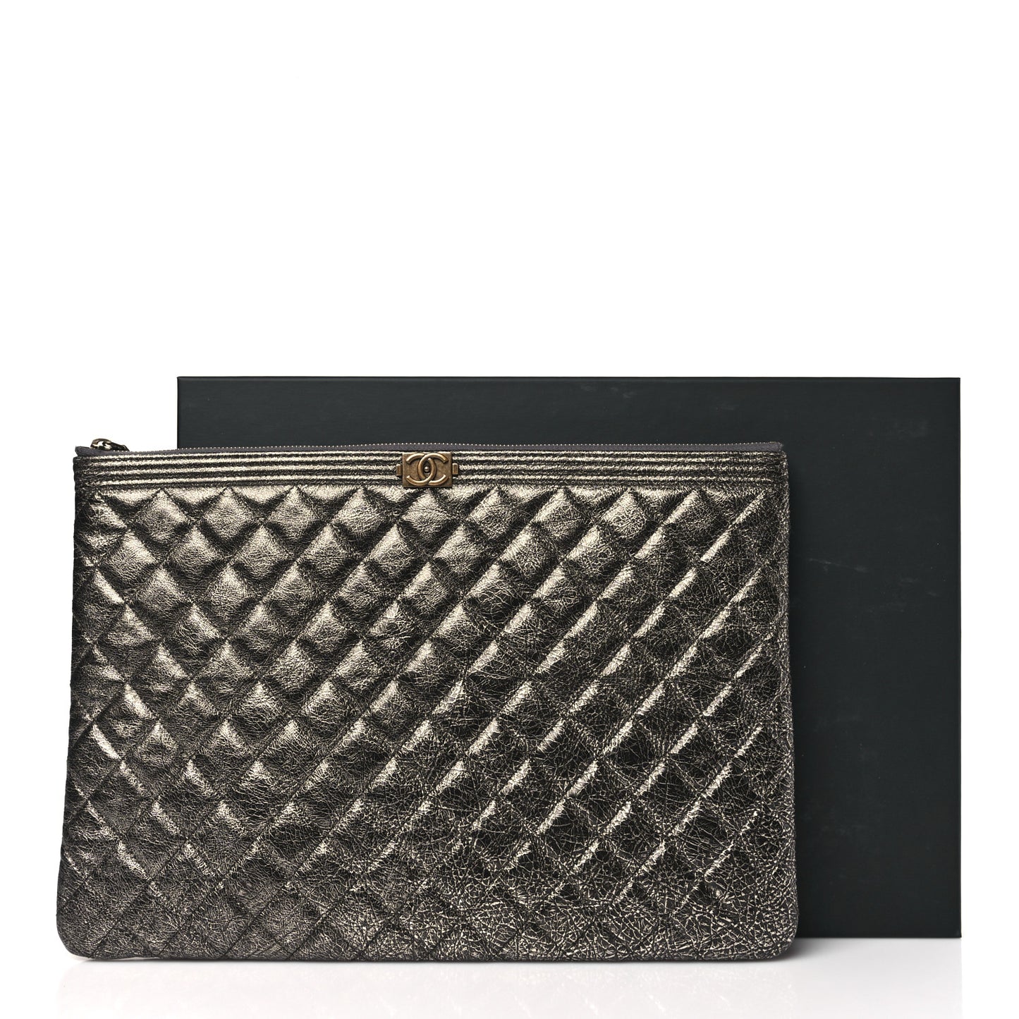 Cracked Metallic Calfskin Quilted Large Boy Cosmetic Case Dark Silver