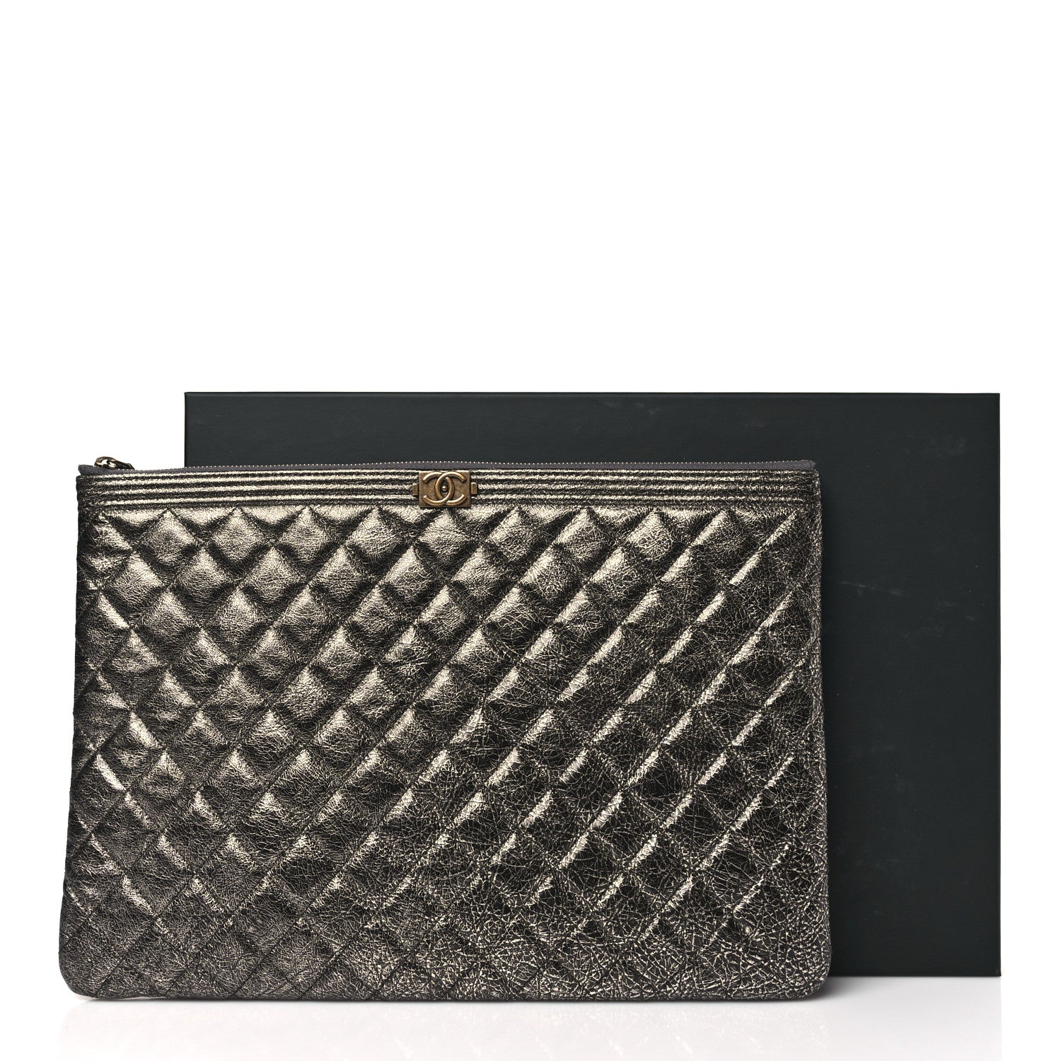 Chanel Cracked Metallic Calfskin Quilted Large Boy Cosmetic Case Dark Silver 11 of 11