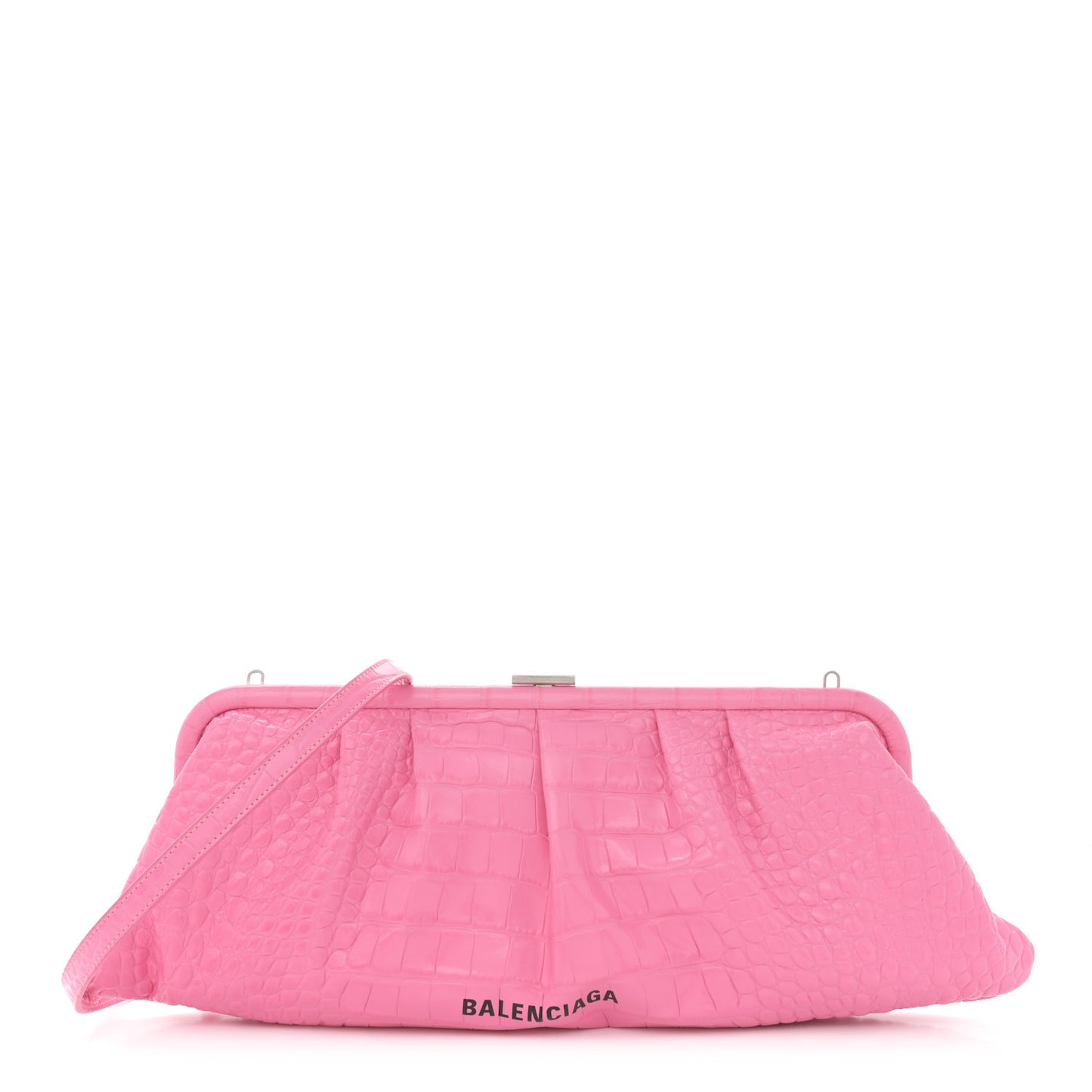Shiny Supple Calfskin Logo Crocodile Embossed XL Cloud Clutch Pink